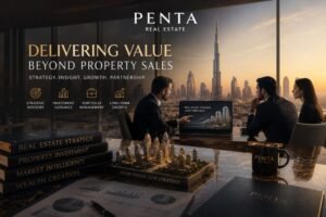 Luxury real estate advisory meeting at PENTA REAL ESTATE office overlooking Dubai skyline, showcasing strategic property investment, portfolio growth, and premium real estate consultancy services.