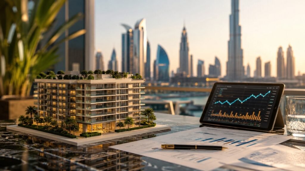 Luxury high return property investment analysis with Dubai skyline and ROI charts