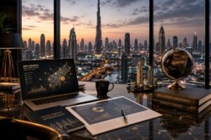 Luxury high growth real estate areas analysis with Dubai skyline and investment data