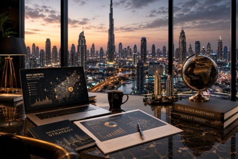 Luxury high growth real estate areas analysis with Dubai skyline and investment data