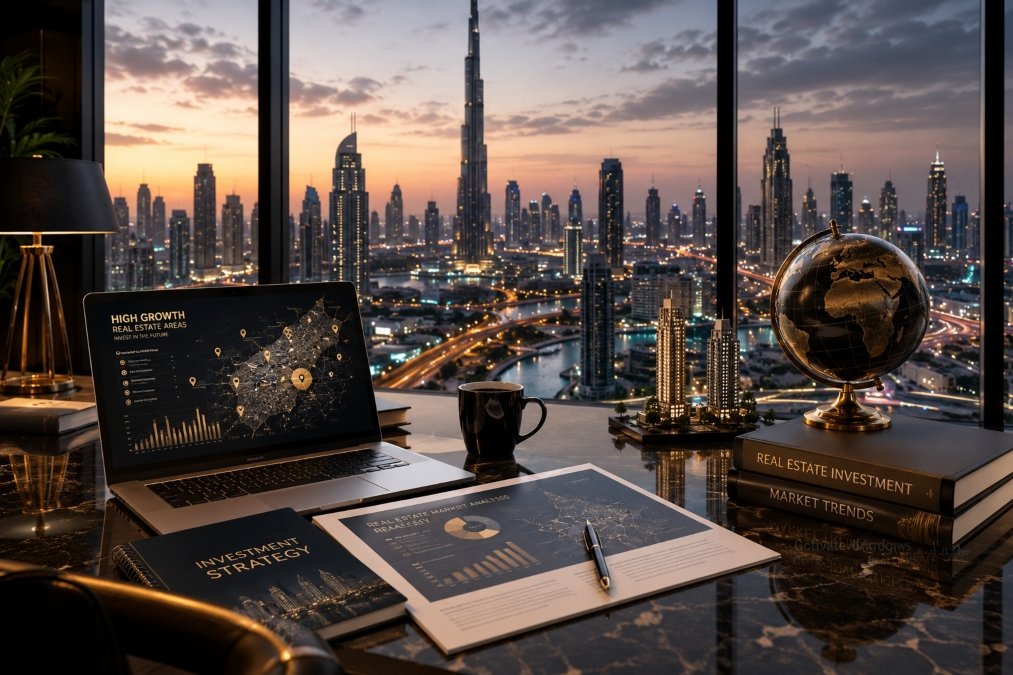 Luxury high growth real estate areas analysis with Dubai skyline and investment data