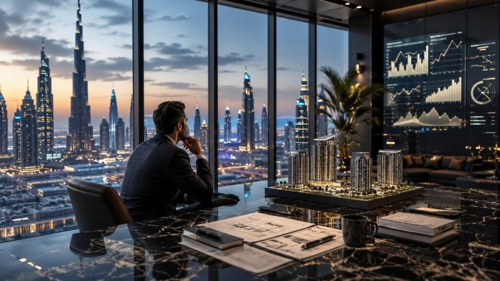 Luxury maximize ROI real estate investment analysis with Dubai skyline and profit charts