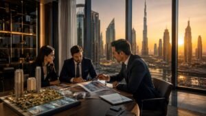 Luxury Dubai real estate investment guide consultation with skyline and ROI charts