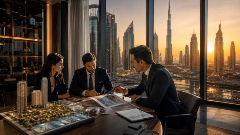 Luxury Dubai real estate investment guide consultation with skyline and ROI charts