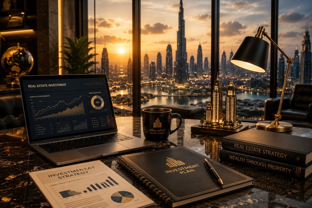 Luxury smart real estate investment strategy meeting with Dubai skyline and ROI charts