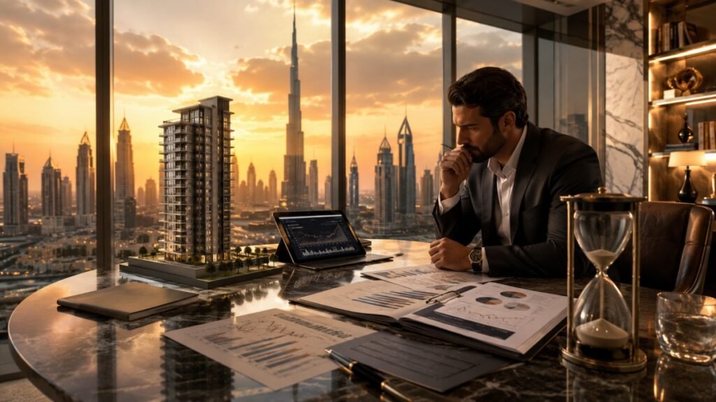 Luxury real estate investment mistakes analysis with Dubai skyline and risk strategy charts