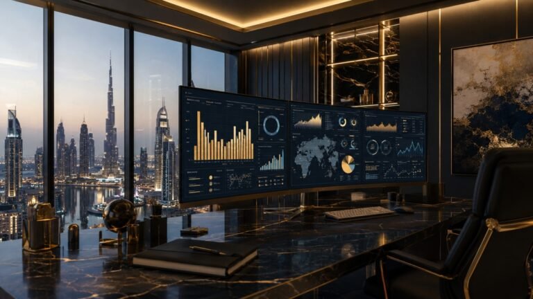 Luxury rental income real estate strategy with Dubai skyline and property cash flow charts